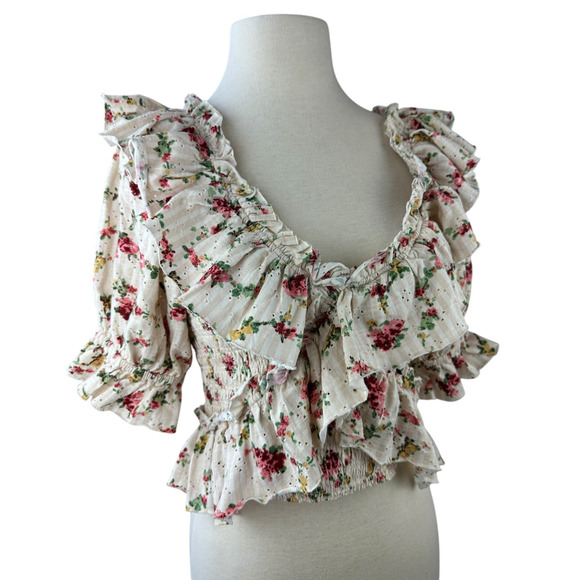 Free People Favorite Girl Top Romantic Floral Ruffle Smocked Boho Cottagecore Sm - Picture 4 of 16
